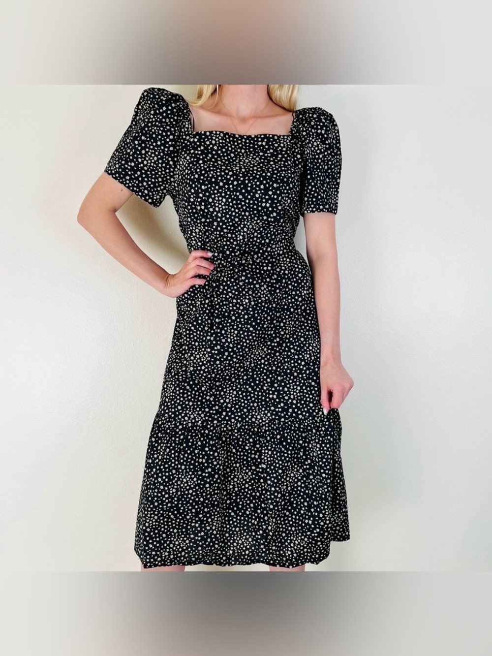 Levi's Black Midi Dress with Cream flowers Print and Square Neck
